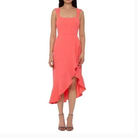 XSCAPE WOMENS 14 Double Strap Crepe Dress Coral HI LOW SLEEVELESS RUFFLE NWT NEW - Picture 1 of 11